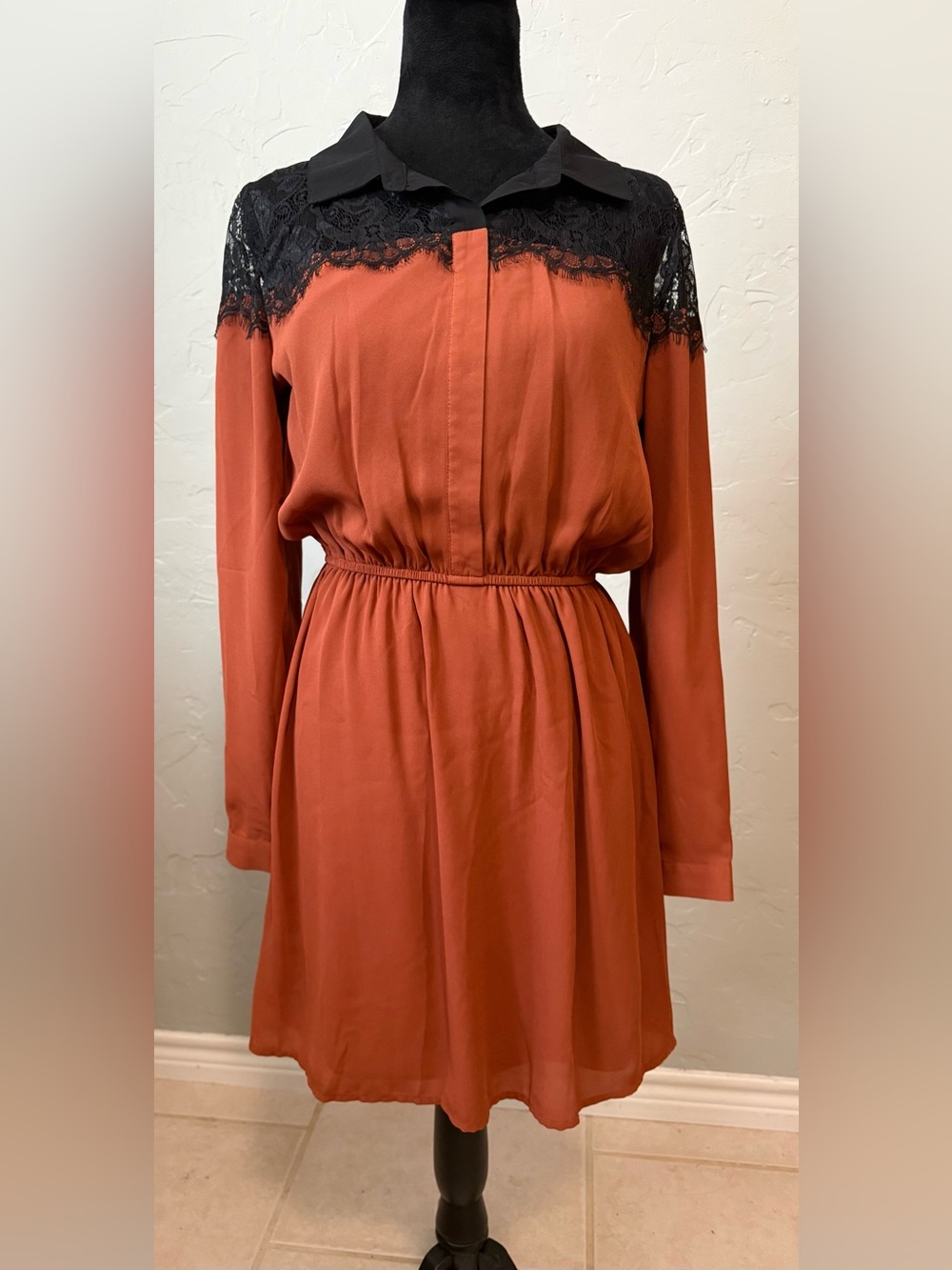 Gianni Bini Isabelle Fall Dress Cinnamon/Black Lace Long Sleeve Size Small